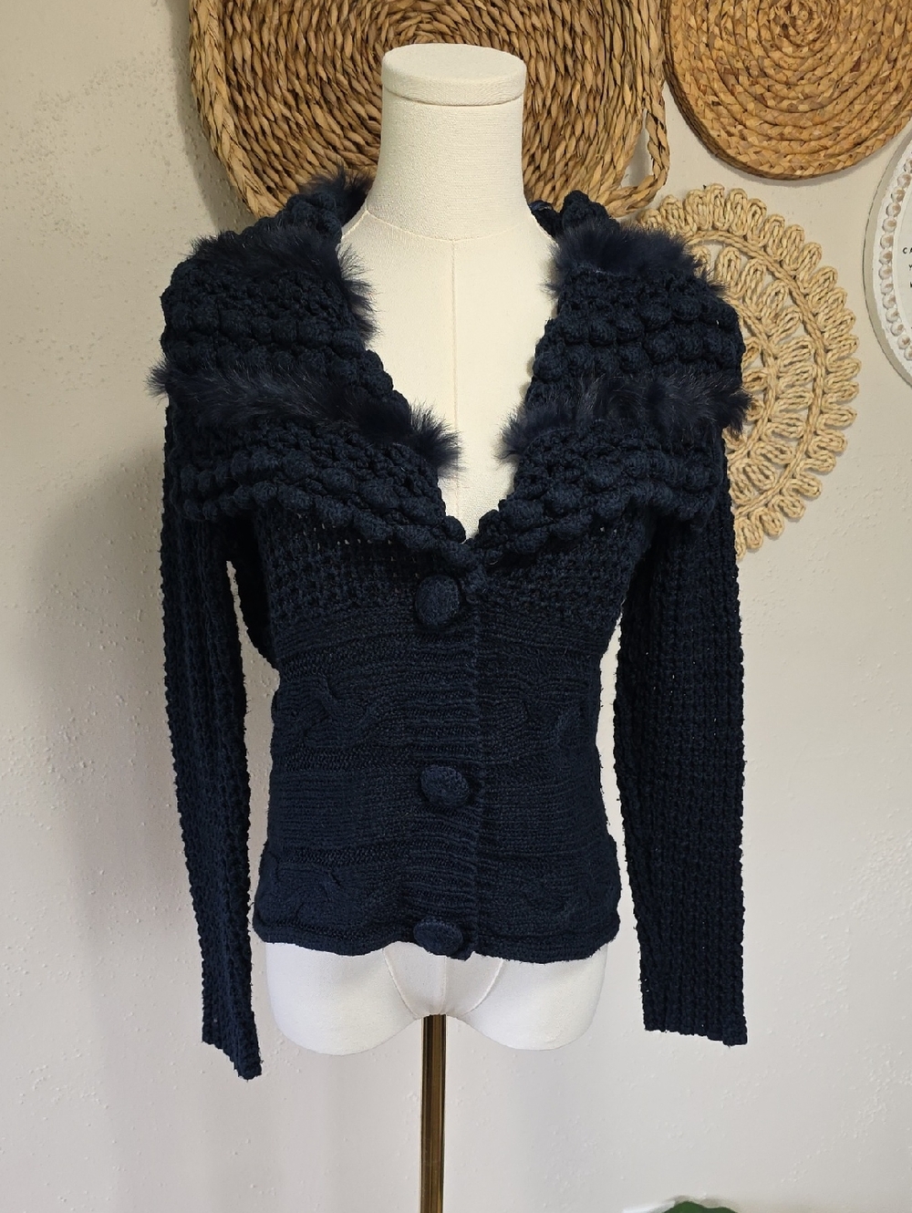 JANA Navy Blue Cable Knit Faux Shawl Collar Cardigan Sweater Womens M Mobwife